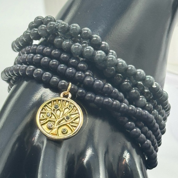 Set of 6 Stretch Black and Grey Beaded Bracelets with Tree Of Life Charm - Picture 8 of 13